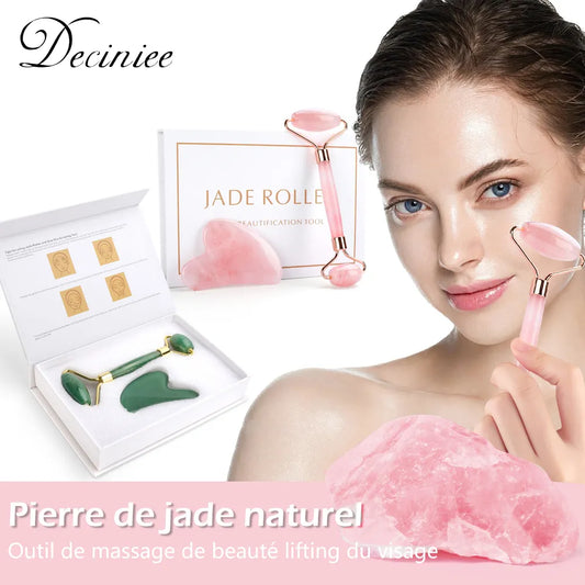 Natural Rose Quartz Jade Roller Gua Sha Set Facial Body Massager